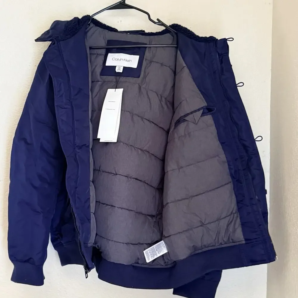 $228 Calvin Klein Oversized Hooded Water Resistant Puffer Bomber Jacket Navy 2XL